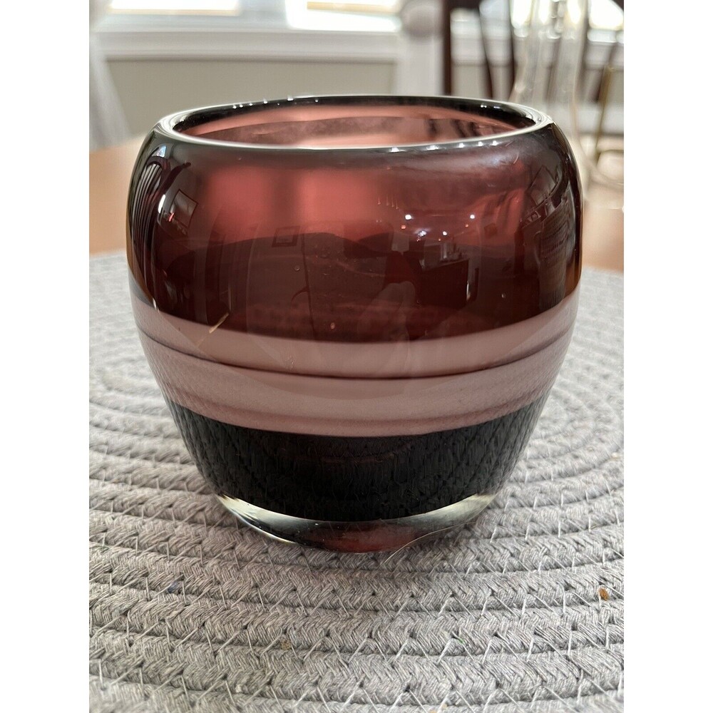 Vintage Art Glass Amethyst Hand Blown Vase with White Swirl 3 1/2 Inch